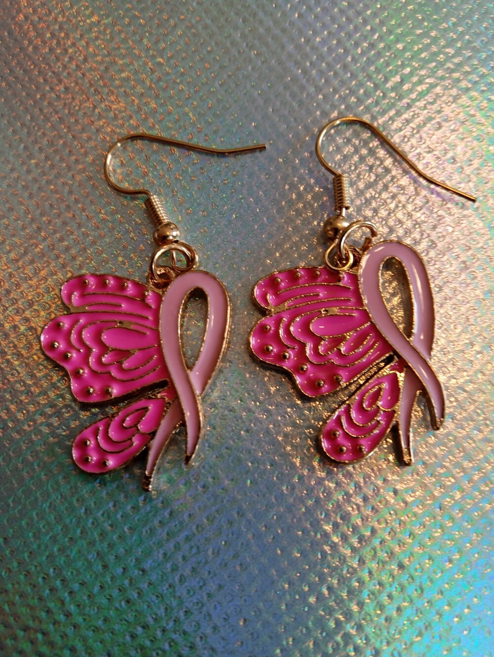 Pink Ribbon Butterfly Dangle Earrings - Women Jewelry